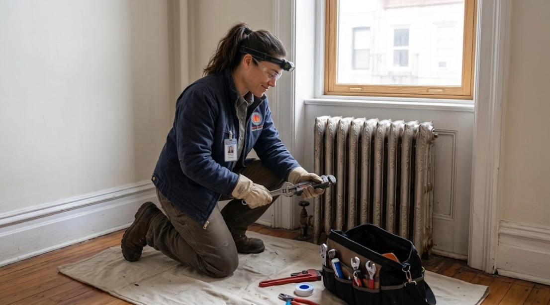 radiator repair Midwood Brooklyn technician fixing steam radiator valve