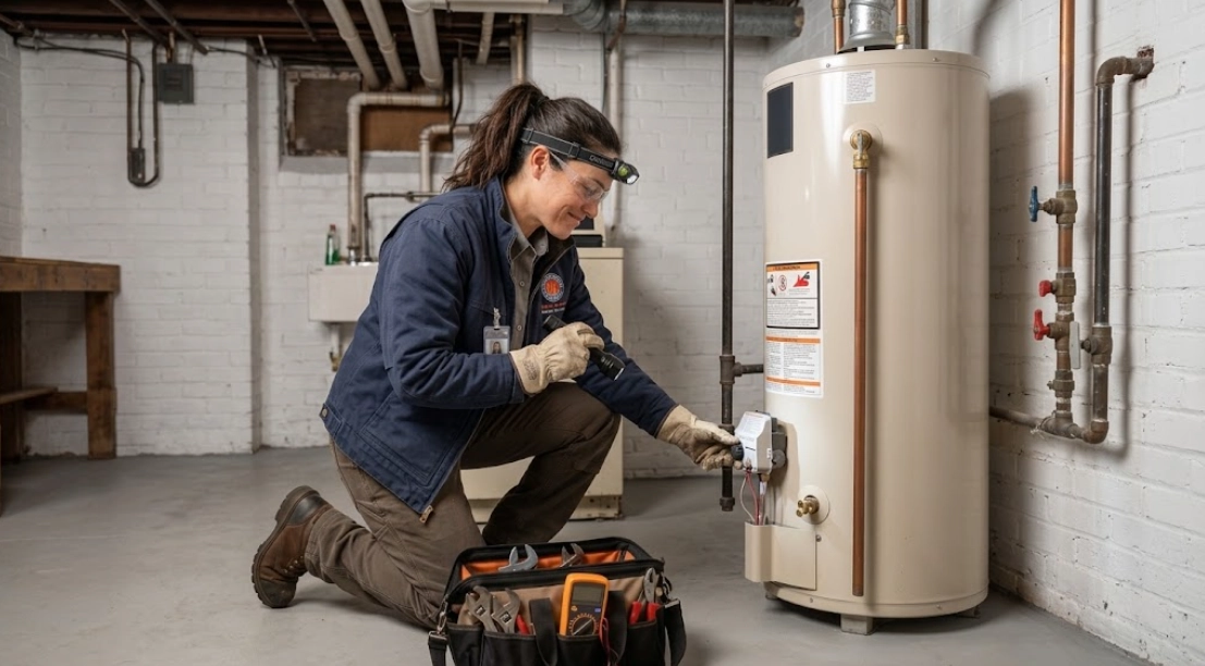 water heater repair Midwood Brooklyn technician servicing water heater tank